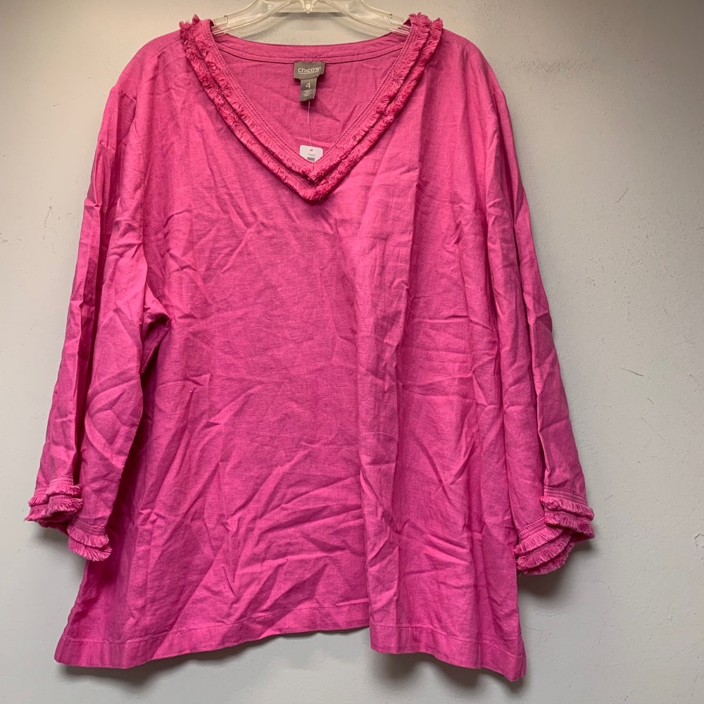 Chico's Easy Linen Pullover Women 4 XL Pink Daisy NEW Fray Trim 3/4 Sleeve 14497